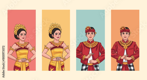 Four individuals in traditional Balinese attire, two women and two men, showcasing cultural clothing and headdresses.