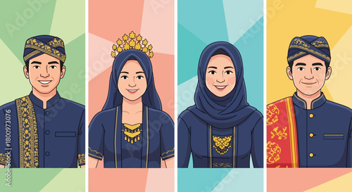 Illustration of four Indonesian people in traditional clothing, showcasing cultural diversity.