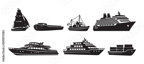Silhouettes of boats. Icons of sailboats, barges, fishing boats, cruise ships, sea yachts, and both passenger and cargo vessels. A vector set of nautical transport logos. Industrial or commercial ship