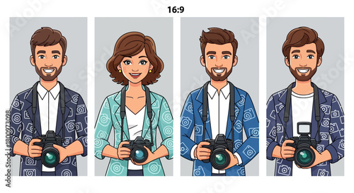 Four diverse individuals, each holding a photographic device, showcasing a variety of styles and expressions.