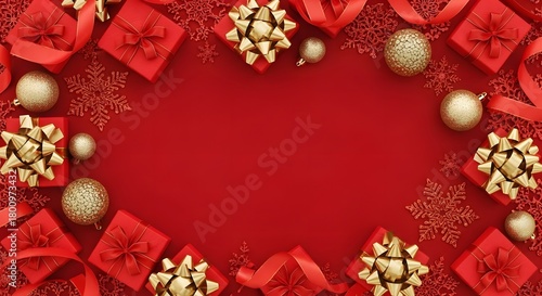 Red and gold Christmas decorations arranged in a festive border on a red background