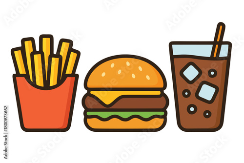 A simple illustration of a fastfood combo including a burger, fries, and a drink. Great for menus, websites, applications and any fast food themed project.	