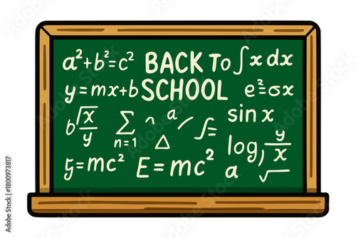 A cartoon style illustration of a green chalkboard with various math formulas and the words "Back to School" written on it in white chalk. The chalkboard has a brown wooden frame.	