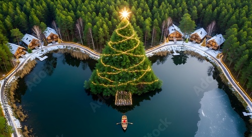 Aerial view of a large Christmas tree illuminated on an island in a lake surrounded by forest and cabins