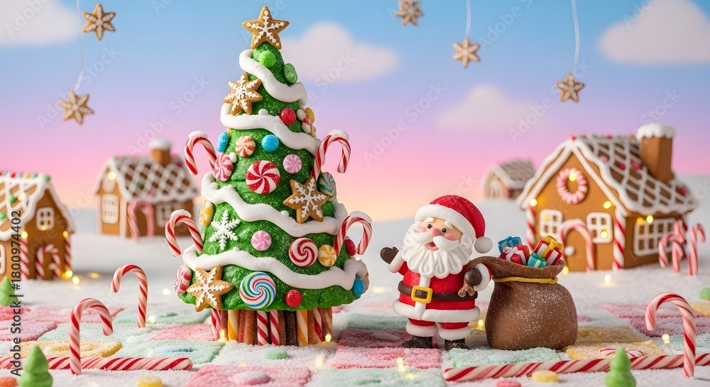 Fototapeta premium Festive Christmas scene with gingerbread houses, candy cane tree, and Santa Claus figure