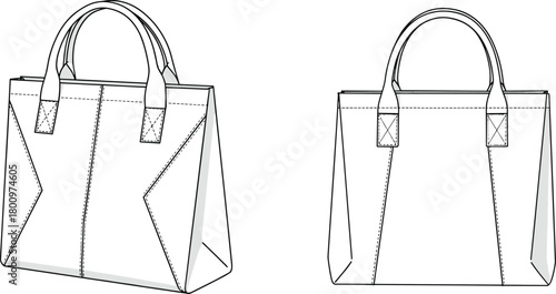 Tote handbag design template with side panels, fashion accessory sketch, technical sewing pattern layout, leather bag mockup, cad drawing flat vector illustration