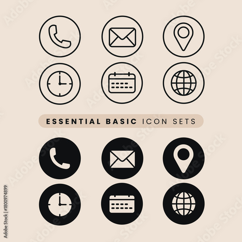 essentials icon sets vector, phone, mail, adress, time, calendar, website