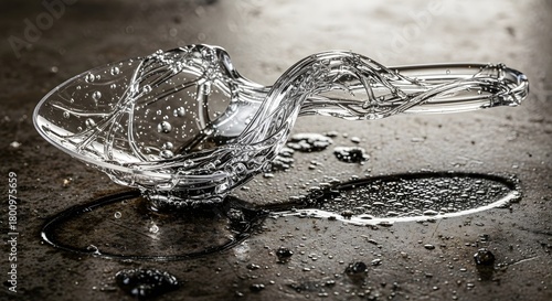 A clear glass spoon resting on a textured surface with water droplets and reflections creating an artistic and abstract visual effect