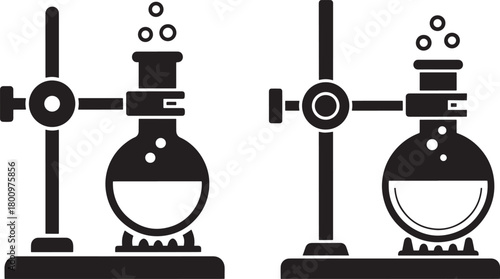 Two laboratory flasks heating silhouette