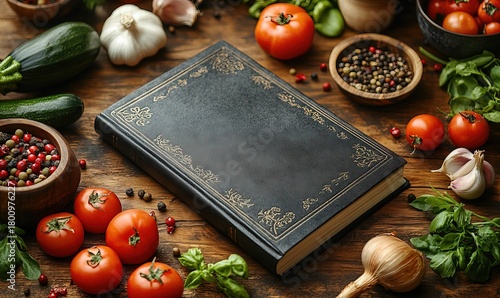 Fototapeta Naklejka Na Ścianę i Meble -  Vintage cookbook on wooden surface surrounded by fresh ingredients and spices