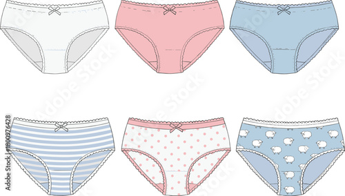 Women underwear panties set in pastel colors, cute patterns, fashion garment design, seamless textile template, cad drawing flat vector illustration