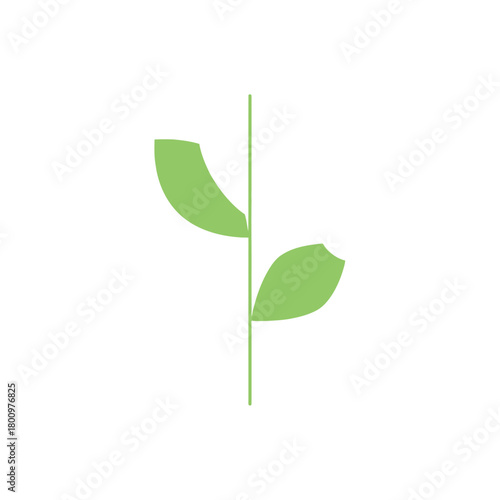 Minimalist green plant icon with a single stem and two leaves on a white background. Simple flat vector graphic for nature, ecology, and growth concepts