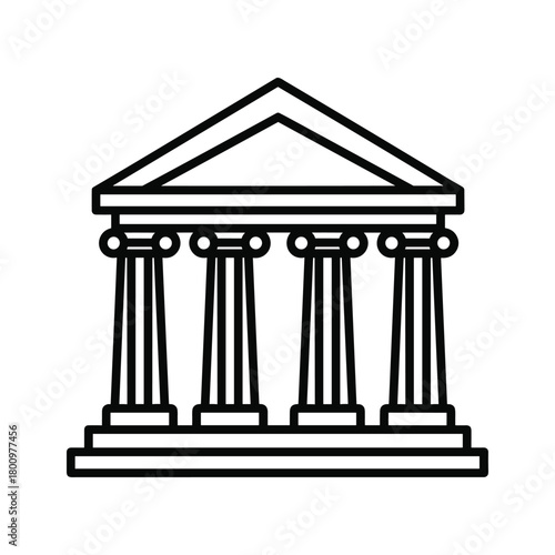Classical architectural building icon with four greek style columns and pediment outline, representing law, finance, or government