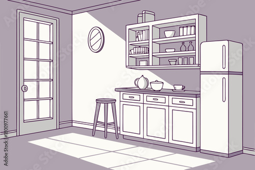 Minimalist kitchen interior with storage shelves refrigerator and stool vector graphic illustration