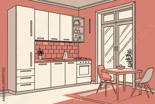 Modern kitchen interior design with table chairs and cooking appliances vector illustration