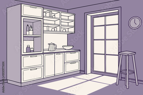 Minimalist kitchen interior with shelves kitchenware and window light vector line art illustration