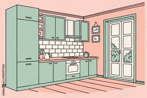 Kitchen interior with modern appliances cabinets and a door to an outdoor area vector illustration