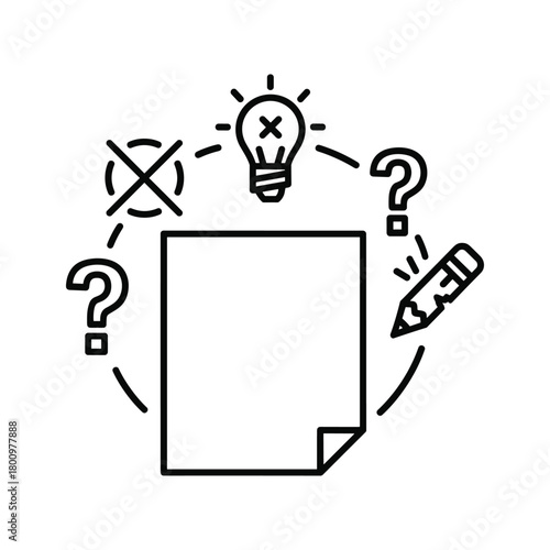 Concept of idea generation and problem solving process with question marks, rejected ideas, and a blank document
