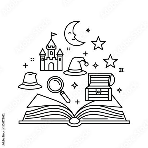 Fantasy storytelling concept with book, castle, moon, wizard hat, treasure, and magnifying glass line art