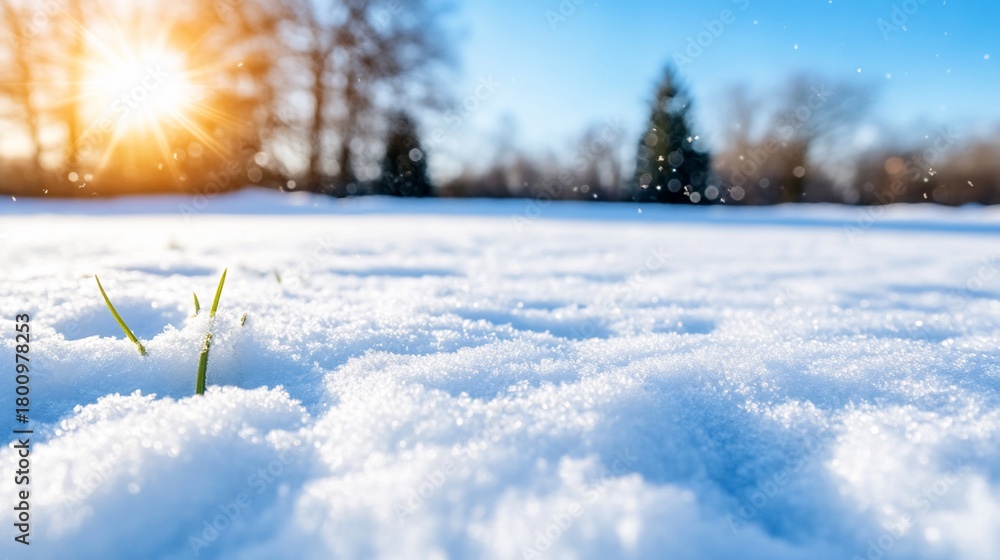 Obraz premium First Sprouts in Winter Sunlit Snowscape with Emerging Green Shoots.