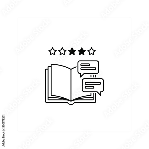 Open book, three-star rating, and speech bubbles outline icon for user reviews, feedback, and educational content.
