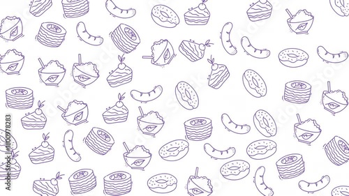 Doodle Food pattern featuring donuts, sausage, cake, and other food items. Ideal for food menus, packaging designs, and restaurant promotions.