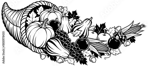 Abundant harvest cornucopia overflowing with pumpkins, gourds, grapes, and autumn leaves