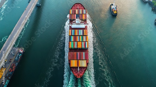 Ultra-high resolution aerial photograph of container ship passing maritime checkpoint beneath engineering marvel of suspension bridge, commercial shipping lanes visible, port authority vessels