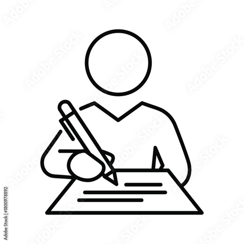 Line art icon of a person writing or signing a document with a pen, depicting tasks like form completion, editing, or education.