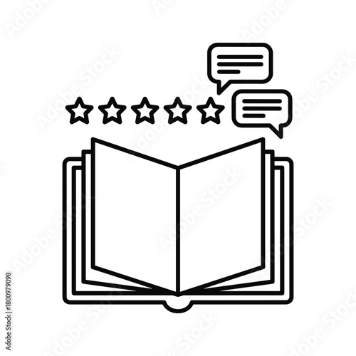 Book review, rating, and feedback icon. open book with five stars and chat bubbles for user experience or literary evaluation.