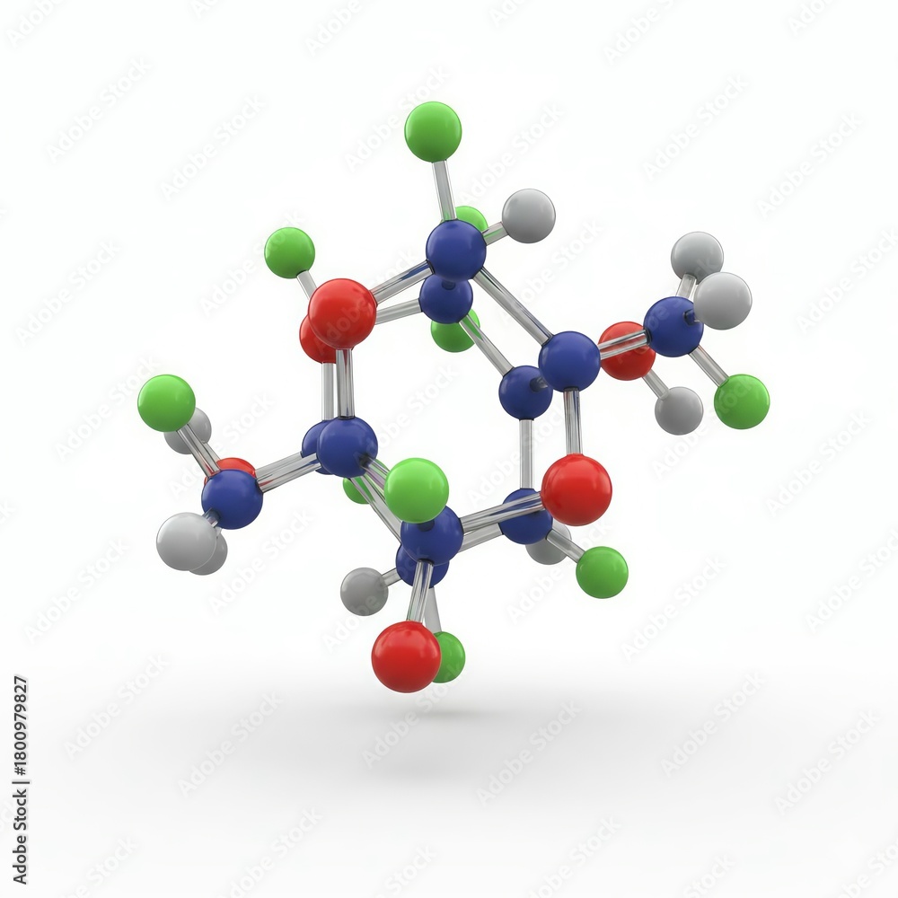 Obraz premium Complex 3D Chemical Molecular Structure Model with Colored Atoms on White Background