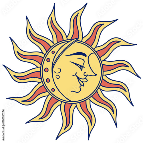 Smiling sun and moon face illustration isolated on