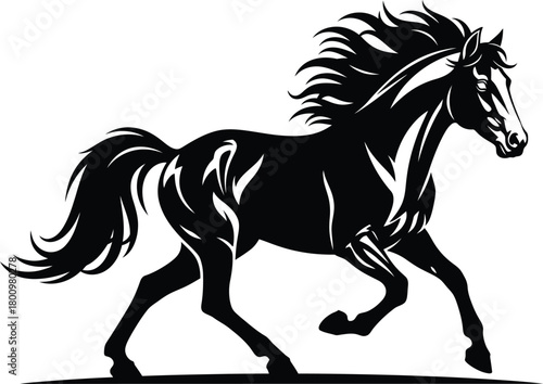 Majestic black horse silhouette galloping with flowing mane and tail