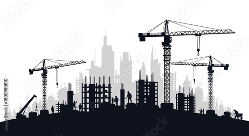 A silhouette of a bustling urban construction site with multiple tower cranes and workers building new structures under a clear sky.