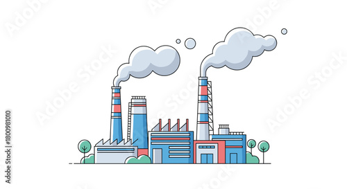 A modern industrial factory complex with multiple smokestacks emitting smoke into the clear sky, representing manufacturing and air pollution.