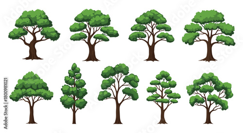A collection of various stylized green trees with brown trunks and diverse canopy shapes, perfect for digital art or game design assets.