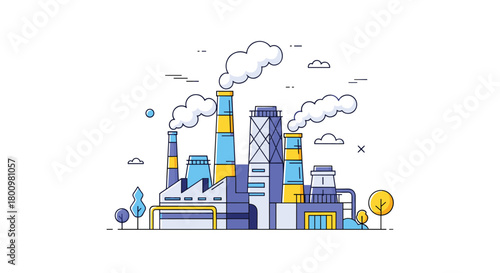 Modern industrial factory building with multiple smokestacks emitting clouds of steam, depicted in a colorful line art illustration.
