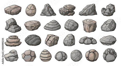 A diverse collection of stylized rocks, stones, and boulders featuring various shapes, textures, and geological forms, suitable for game assets or landscape design.