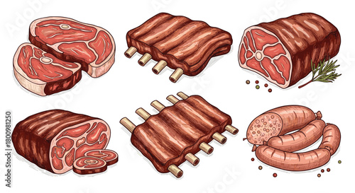 A hand-drawn collection of diverse meat products including raw beef steaks, cooked pork ribs, savory roasts, and various sausages with spices.