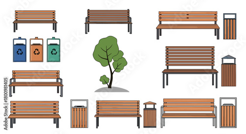 A collection of various park elements including wooden benches, trash cans, and a green tree, suitable for outdoor public spaces design.