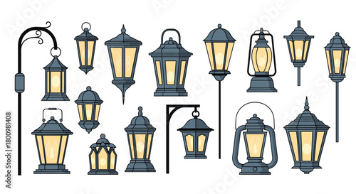 A diverse collection of vintage and antique lanterns, streetlights, and hanging lamps with glowing light, perfect for outdoor design.