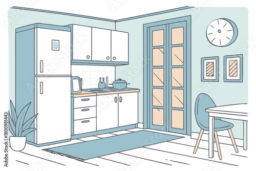 Bright airy kitchen, sky-blue accents, light wooden furniture, window sunlight, flat vector clean lines