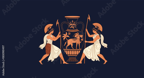 Classical Greek style artwork depicting two female warriors with spears flanking a decorative urn adorned with a mythical lion and floral patterns.