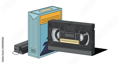 Isometric pixel art illustration of a retro VHS videotape and its protective case, evoking nostalgia for vintage media technology.
