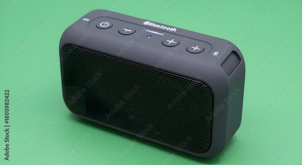 Obraz premium Portable Bluetooth speaker with control buttons and mesh grille placed on a green surface for music and audio playback