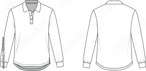Long sleeve polo shirt technical template, front and back fashion sketch, detailed apparel design outline, cad drawing flat vector illustration