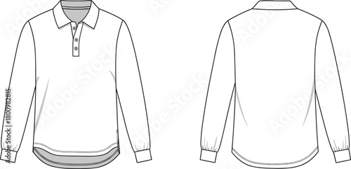 Long sleeve polo shirt technical fashion template, detailed apparel sketch, garment design blueprint, cad drawing flat vector illustration front back