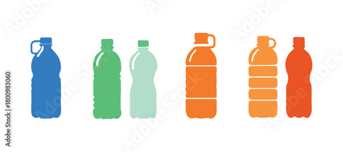Color-coordinate your water bottles. Flat vector icon. Featuring blue, green, and orange plastic bottles.

