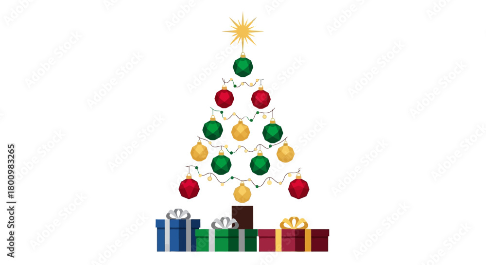 Naklejka premium Celebrate the festive season with this playful geometric Christmas tree and gifts, perfect for holiday promotions and cheerful greeting cards