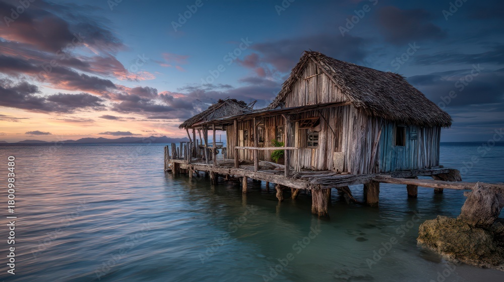 Obraz premium A rustic oceanfront bungalow constructed from reclaimed driftwood perched on stilts above gentle waves photographed at dawn with